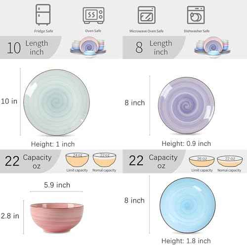 Selamica Ceramic Plates and Bowls Set, 24 Pieces Dinnerware Sets for 6, Scratch Resistant Dishes Set, Handpainted Swirl with Spot Dishwasher & Microwave Safe, Gradient Color