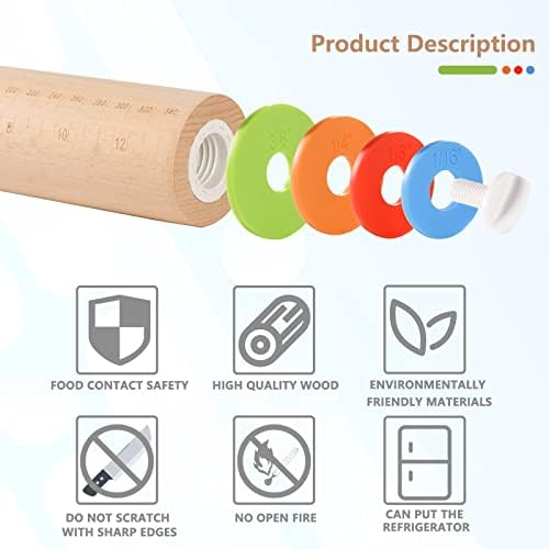 Yasashii Wood Rolling Pin With 4 Adjustable Thickness Rings, Non-stick
