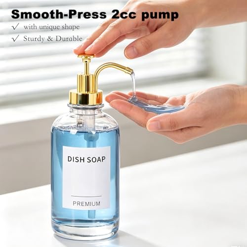 Dish Soap Dispenser Set, Gold, 2 Pack, 18 Oz Clear Bottles