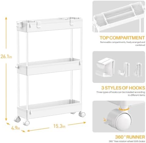 SPACELEAD Slim Storage Cart 3 Tier,Bathroom Organizer Rolling Utility