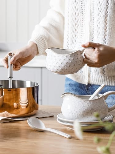LE TAUCI Gravy Boat with Ladle and Saucer Stand 24oz, Ceramic Sauce