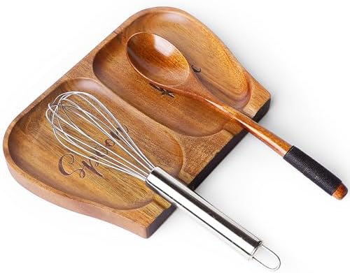 Large Acacia Wood Spoon Rest, Double Wooden Spoon Holder With Non Slip