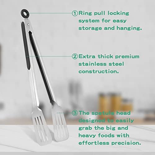 Tongs for Cooking, Set of 2 Metal Spatula Tongs for Grilling, Black