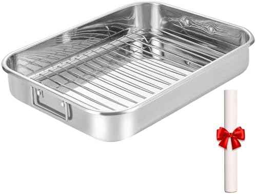 304 Stainless Steel Roasting Oven Pan: Roaster Pans With Rack & Handles 16.5 * 12.4 * 3 inches - Kitchen Baking Appliances for Turkey Chicken Beef - Kitchen Cookware Gifts for Women Homeowner