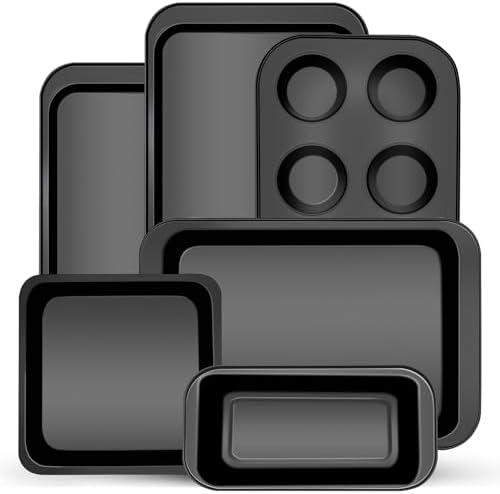 6-Piece Carbon Steel Bakeware Set, Nonstick Baking Pans with Cookie Sheet, Deep Roaster, Square Pan, Loaf Pan, Muffin Pan for Cooking,Baking Pans Set (black)