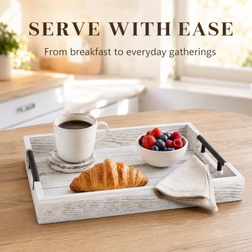 Whitewashed Wooden Serving Tray with Black Metal Handles and 4