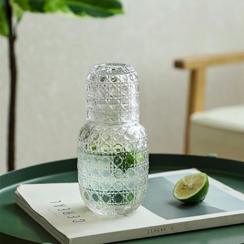Set of 2 Vintage Bedside Water Carafe and Glass Set, Embossed Night