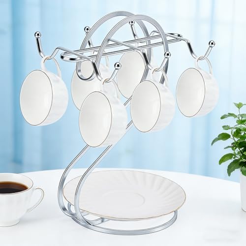 AHANDMAKER Coffee Mug Tree Iron Mug Holder with Tray 10in Coffee Tea