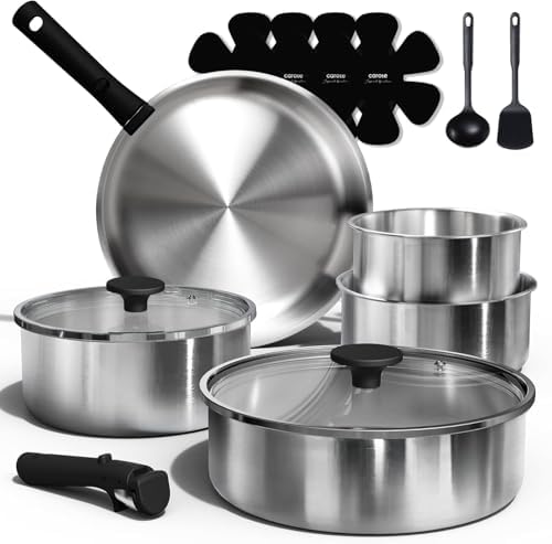 CAROTE 15pcs Tri-Ply Stainless Steel Cookware Set with Detachable