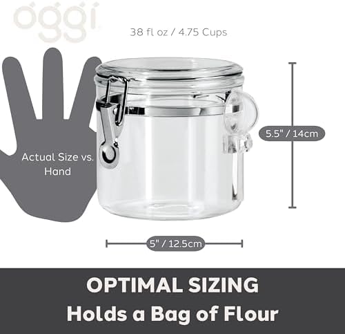 OGGI Clear Canister Airtight 38oz - Clamp Lid & Spoon - Airtight Food
