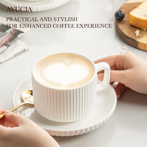 8 Ounce Cappuccino Cups Set of 4, Latte Mugs with Saucers and Spoons