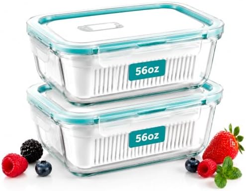 2 Pack 56oz Glass Berry Container for Fridge,with Removable Colander