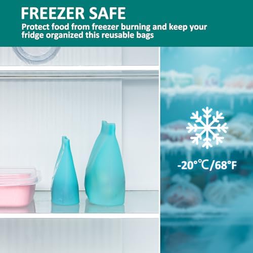 8-Pack Reusable Silicone Food Storage Bags, 100% Silicone Stand-Up