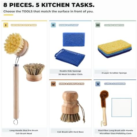 8-PC Wood Brush Kitchen Set for Pots, Dishes, Cups & Glasses