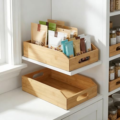 Pumtus 2 Pack Bamboo Pantry Organizers, Storage Bin with Removable