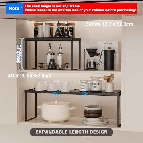 Magheo Expandable Kitchen Countertop Organizer, 2 Pack Stackable Cabinet Shelf Risers, Metal Spice Rack Heavy Duty Counter Organizer Storage for Kitchen, Pantry, Cupboard, Rv (8.7in Height,Black)