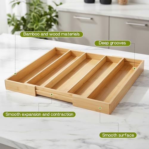 Bamboo Expandable Kitchen Drawer Organizer, 13.4" to 20.5" Adjustable