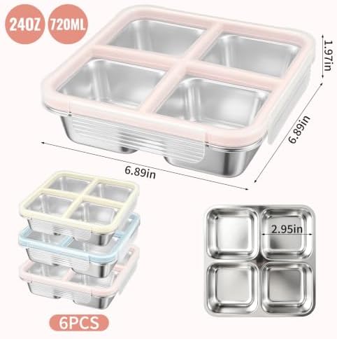 6 Pack Stainless Steel Snack Containers with Lids, 4-Compartment