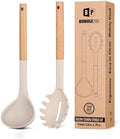 BUNDLEPRO Silicone Soup Ladle and Pasta Spoon Set, Wooden Handle