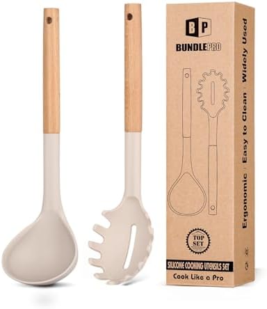 BUNDLEPRO Silicone Soup Ladle and Pasta Spoon Set, Wooden Handle