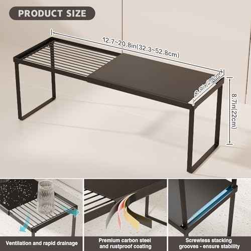 Magheo Expandable Kitchen Countertop Organizer, 2 Pack Stackable Cabinet Shelf Risers, Metal Spice Rack Heavy Duty Counter Organizer Storage for Kitchen, Pantry, Cupboard, Rv (8.7in Height,Black)