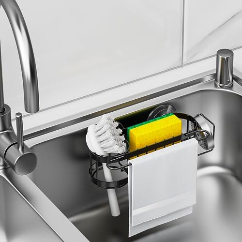 Cisily Kitchen Sponge Holder for Sink, Stainless Steel, Black