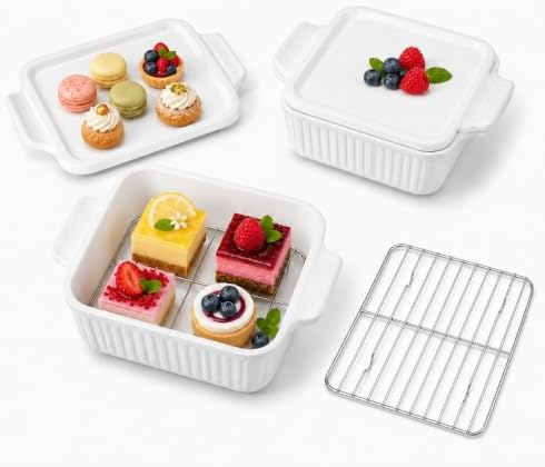 7-Inch Square Ceramic Baking Dish Set with Lids and Racks, 2 Pack