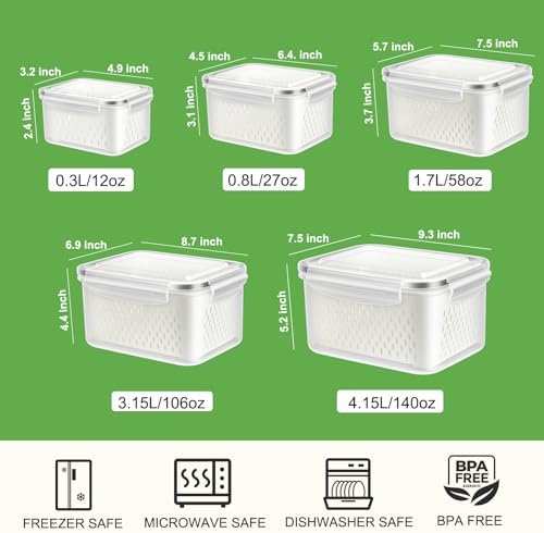 5 Pack Fruit Storage Containers for Fridge with Removable Colander