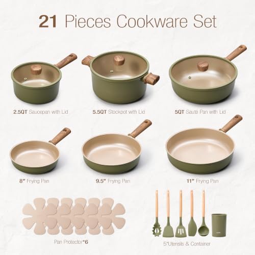CAROTE 21pcs Ceramic Cookware Set, Pots and Pans Set, Green