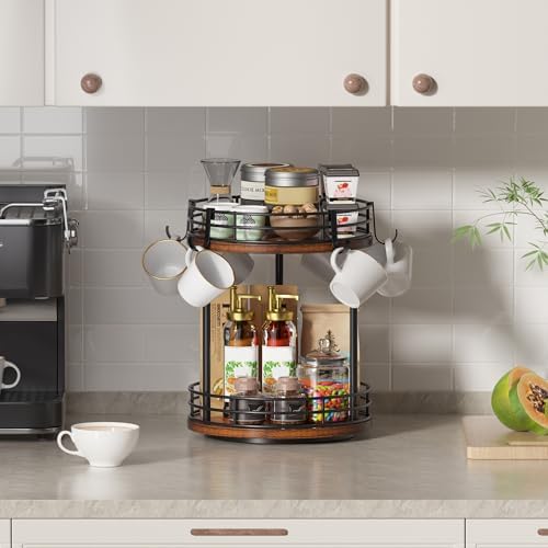 Rotating Coffee Mug Holder Rack Stand, 2 Tier Wooden Coffee Station