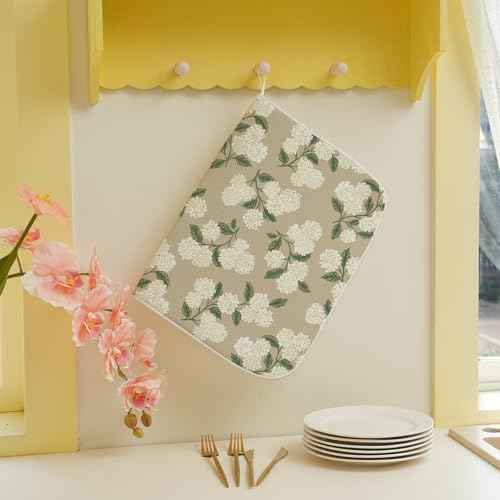Beige Dish Drying Mat 18x24 Inch Khaki Green Vintage Floral Hydrangea