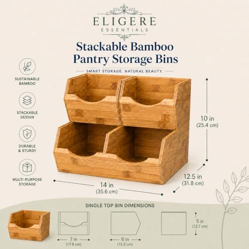 3 Piece Stackable Bamboo Pantry Storage Bins, Potato and Onion