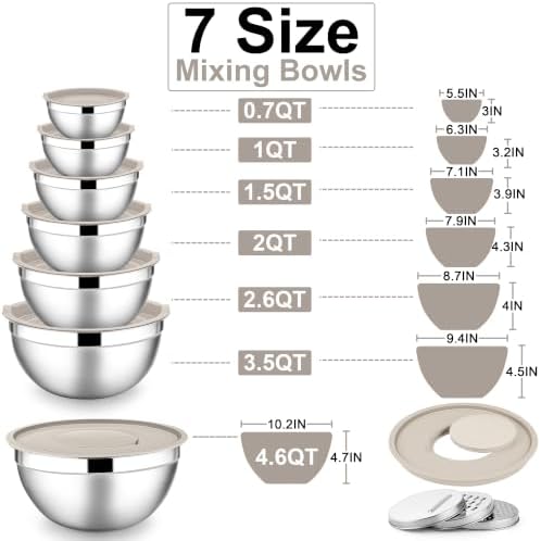 E-far Stainless Steel Mixing Bowls, 7PCS Mixing Bowls with Airtight