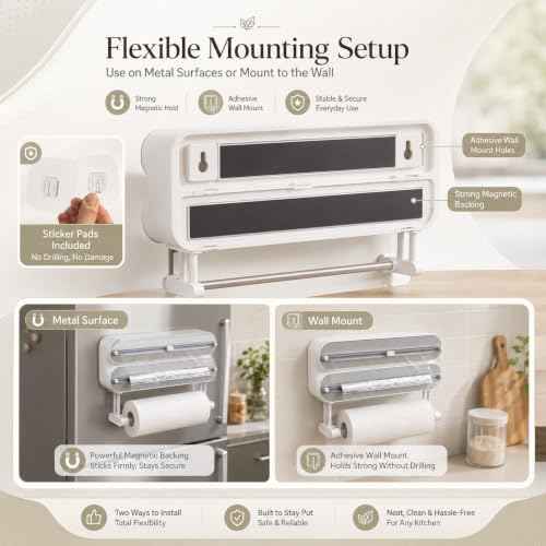 Magnetic Wrap Dispenser with Cutter, 3-in-1 Kitchen Roll Holder