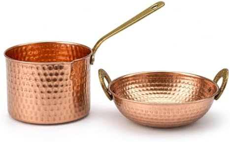 Copper Cookware Set of 2 Hammered Saucepan 1500ml & Kadai 800ml