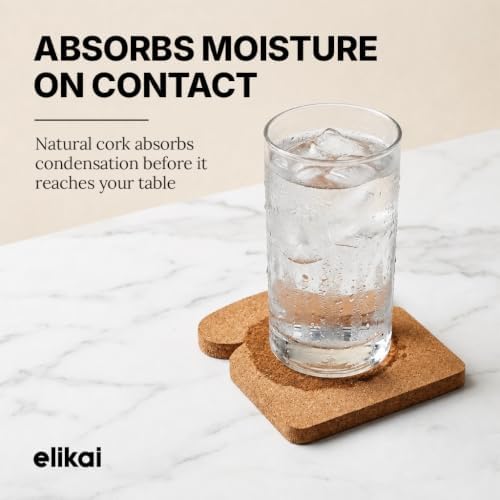 ELIKAI Cork Coasters Set of 4, Absorbent & Heat-Resistant Drink Holder