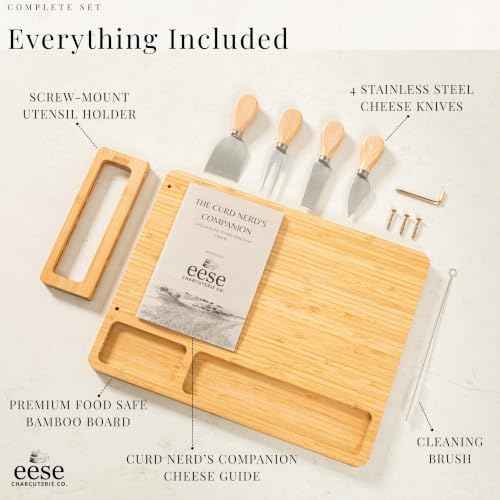 Eese Charcuterie Board Set, 14 x 11 Inch Bamboo Cheese Board with Cheese Knife Set, Deep Groove Serving Tray, Screw-Mount Utensil Holder, Gift for Housewarming & Entertaining