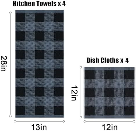 Homaxy 100% Cotton Kitchen Towels and Dishcloths Set of 8, Black &
