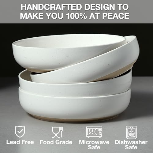 Gencywe 8.3" Pasta Bowls Set of 4, 34 oz Ceramic Salad Bowls, White