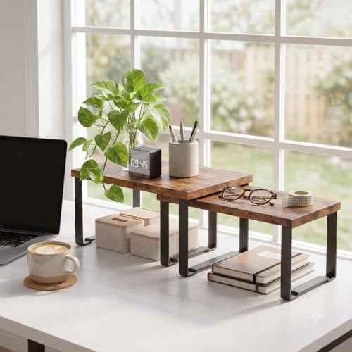 Cabinet Organizer Shelf, Kitchen Counter Shelves Set of 2, Expandable Spice Rack,Kitchen Storage Riser,Stackable, for Kitchen, Countertop, Office Desk, Living Room, Rustic Brown