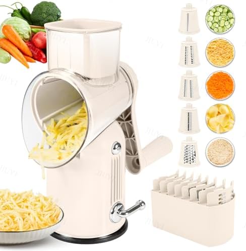 Rotary Cheese Grater with Handle, 5 Interchangeable Blades, White
