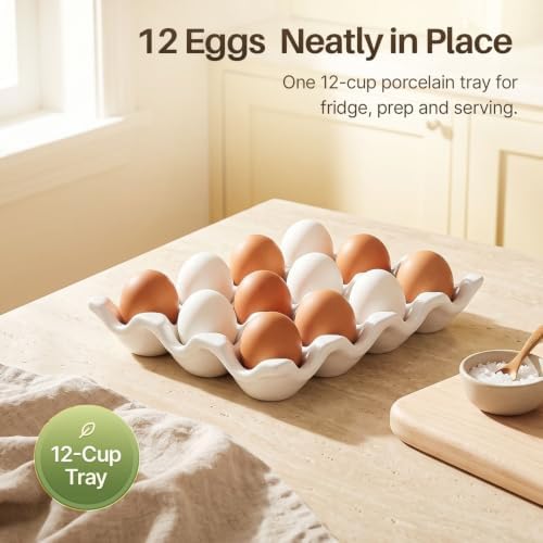 Flexzion Ceramic Egg Holder for Fridge, 12-Cup