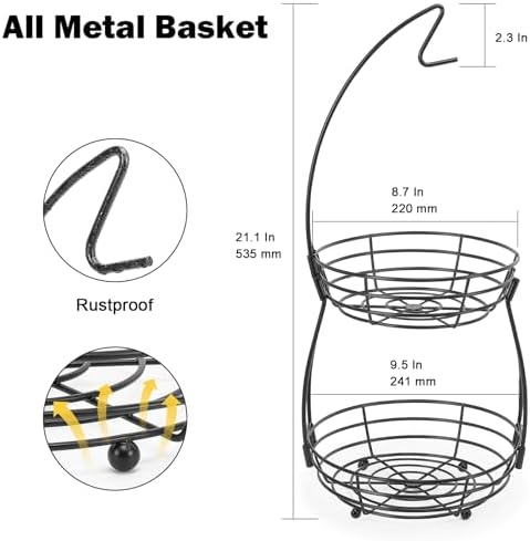 2 Tier Fruit Bowl, Stackable Fruit Basket-Vegetable Holder, Large Capacity Thick Metal Wire Basket with Banana Hanger, Kitchen Countertop Fruit Veggies Storage, Black