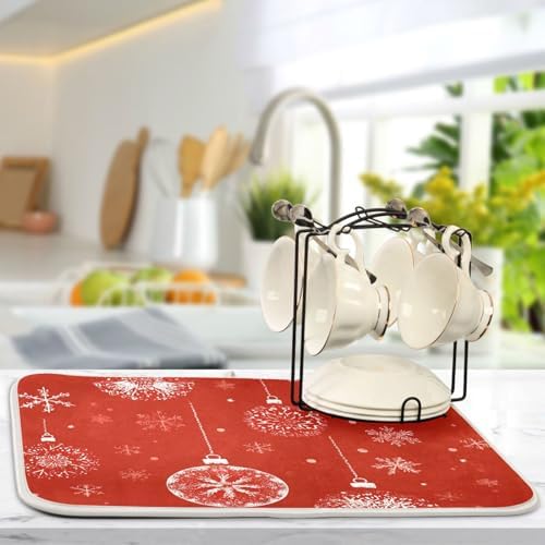 OTVEE Snowflakes and Baubles Dish Drying Mat for Kitchen Counter