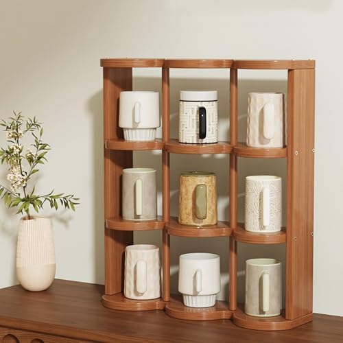 Wooden Coffee Mug Display Rack, Countertop Freestanding Grid Vintage