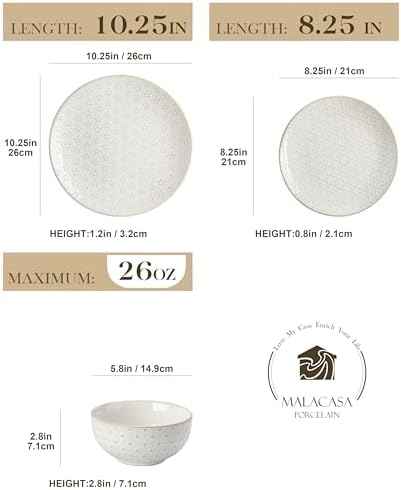 MALACASA 24-Piece Farmhouse Dinnerware Set for 8, Embossed White Stoneware Plates and Bowls Sets, Vintage Relief Ceramic Dish Set, Chip-Resistant, Microwave & Dishwasher Safe