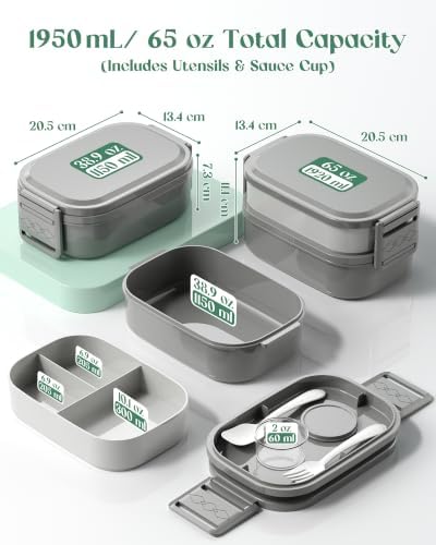 Bento Lunch Box, 65 oz 3-Tier Stackable Lunch Container, Adjustable