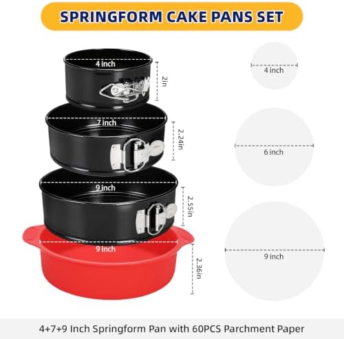 3PCS Springform Pan Set, 4, 7, 9 Inch Cheesecake Pans, Removable
