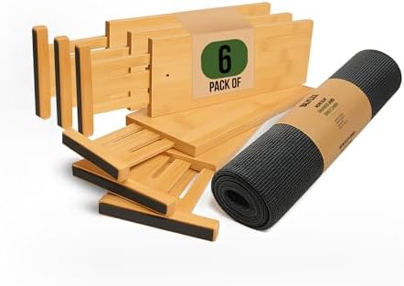 Bamboo Drawer Dividers 6 Pack with Non Slip Liner, Adjustable