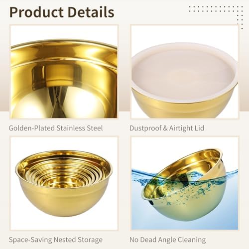 7 PCS Golden Mixing Bowls with Lids Set - Stainless Steel Salad Bowls